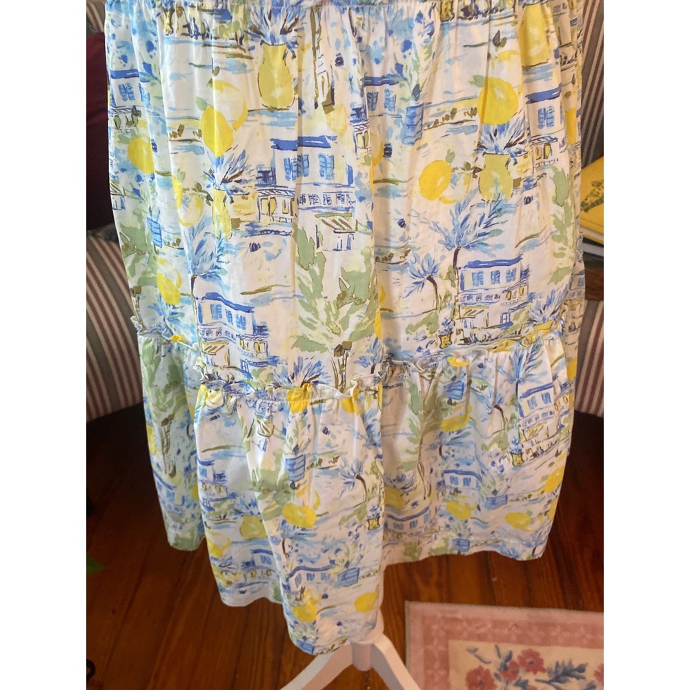 Avara Mediterranean Lemon Print Tiered Mini Dress Blue Yellow Sz s boho Cottage - Picture 7 of 10